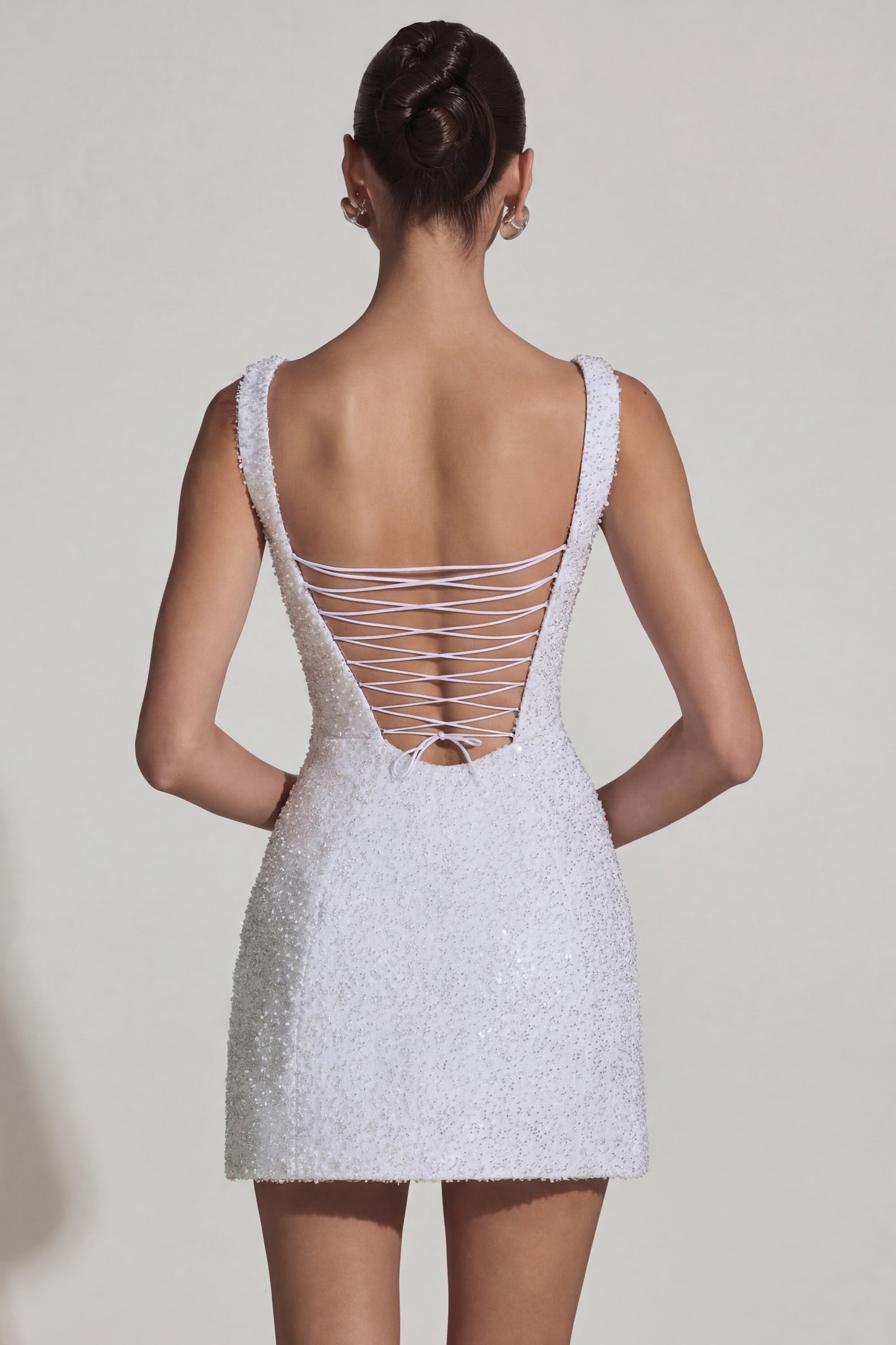 Embellished Structured A-Line Mini Dress in White