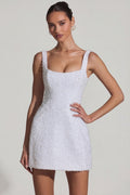 Embellished Structured A-Line Mini Dress in White