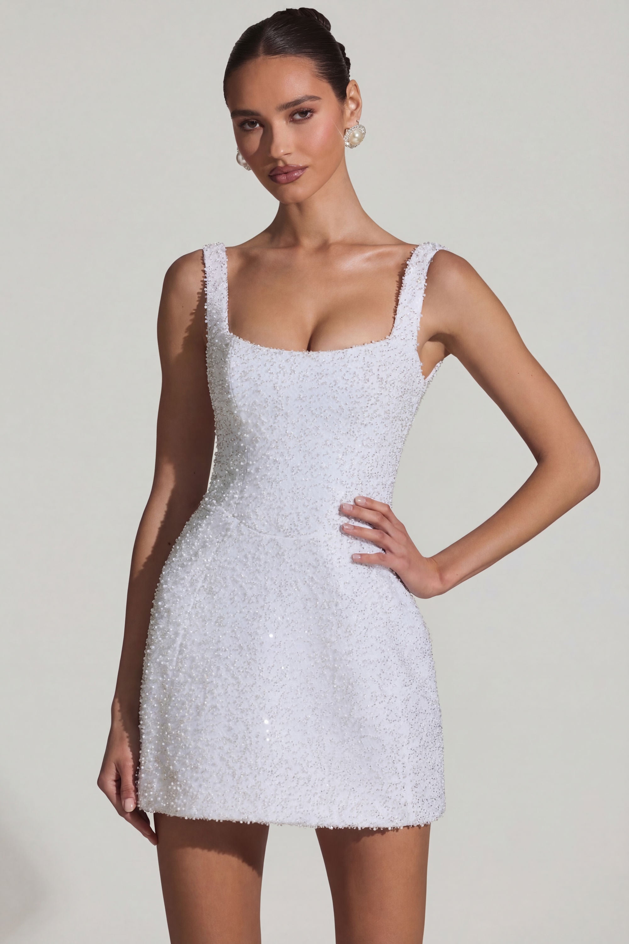 Embellished Structured A-Line Mini Dress in White