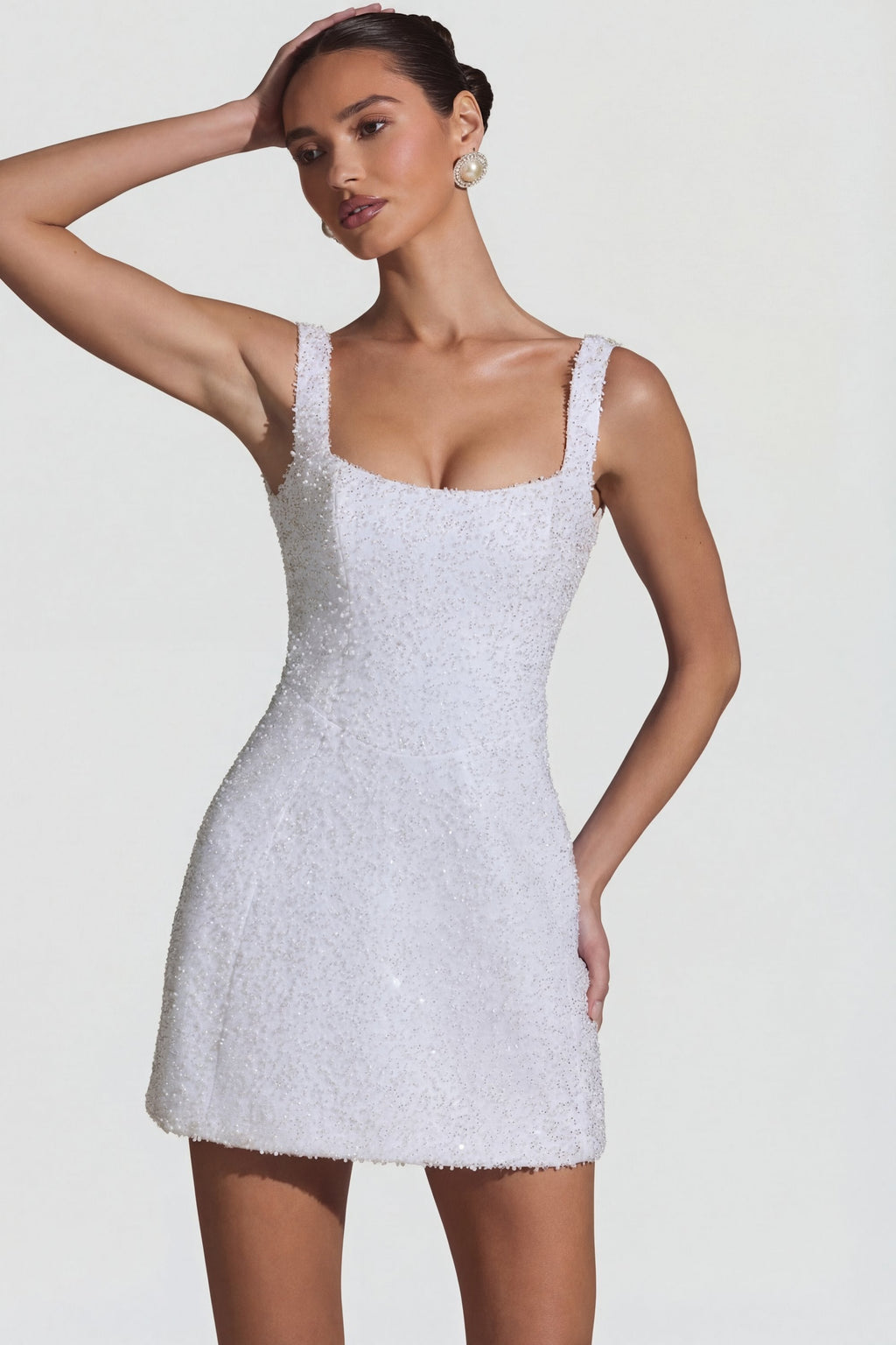 Embellished Structured A-Line Mini Dress in White