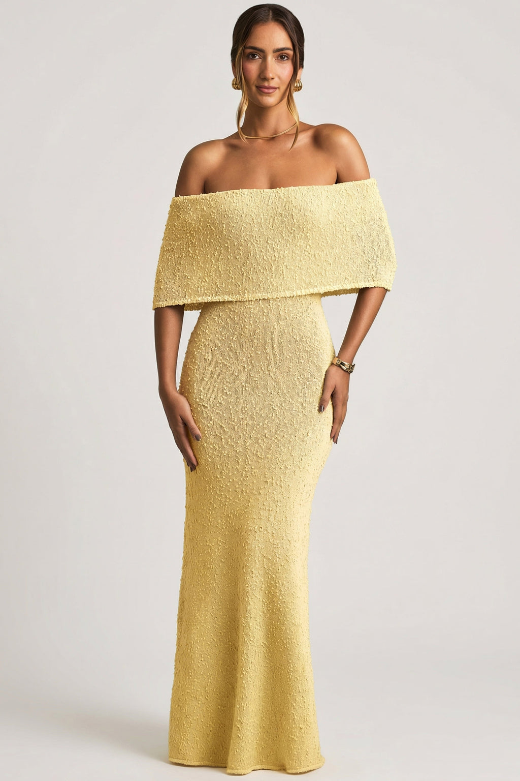 Bouclé Off-Shoulder Maxi Dress in Yellow