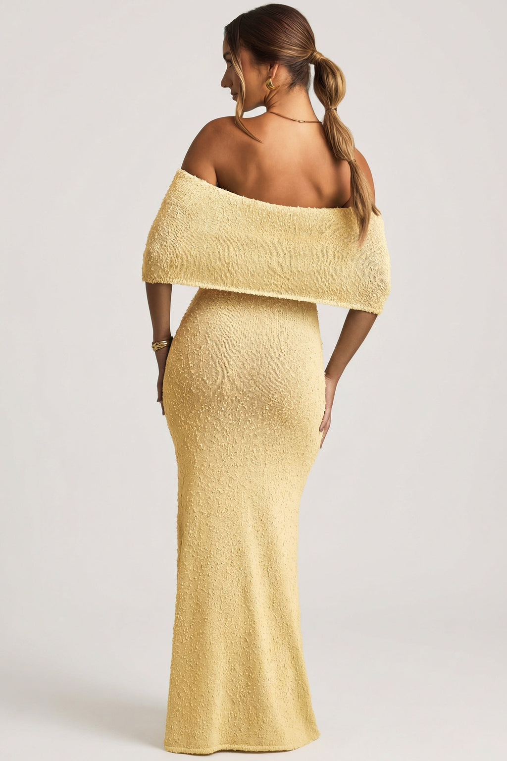 Bouclé Off-Shoulder Maxi Dress in Yellow