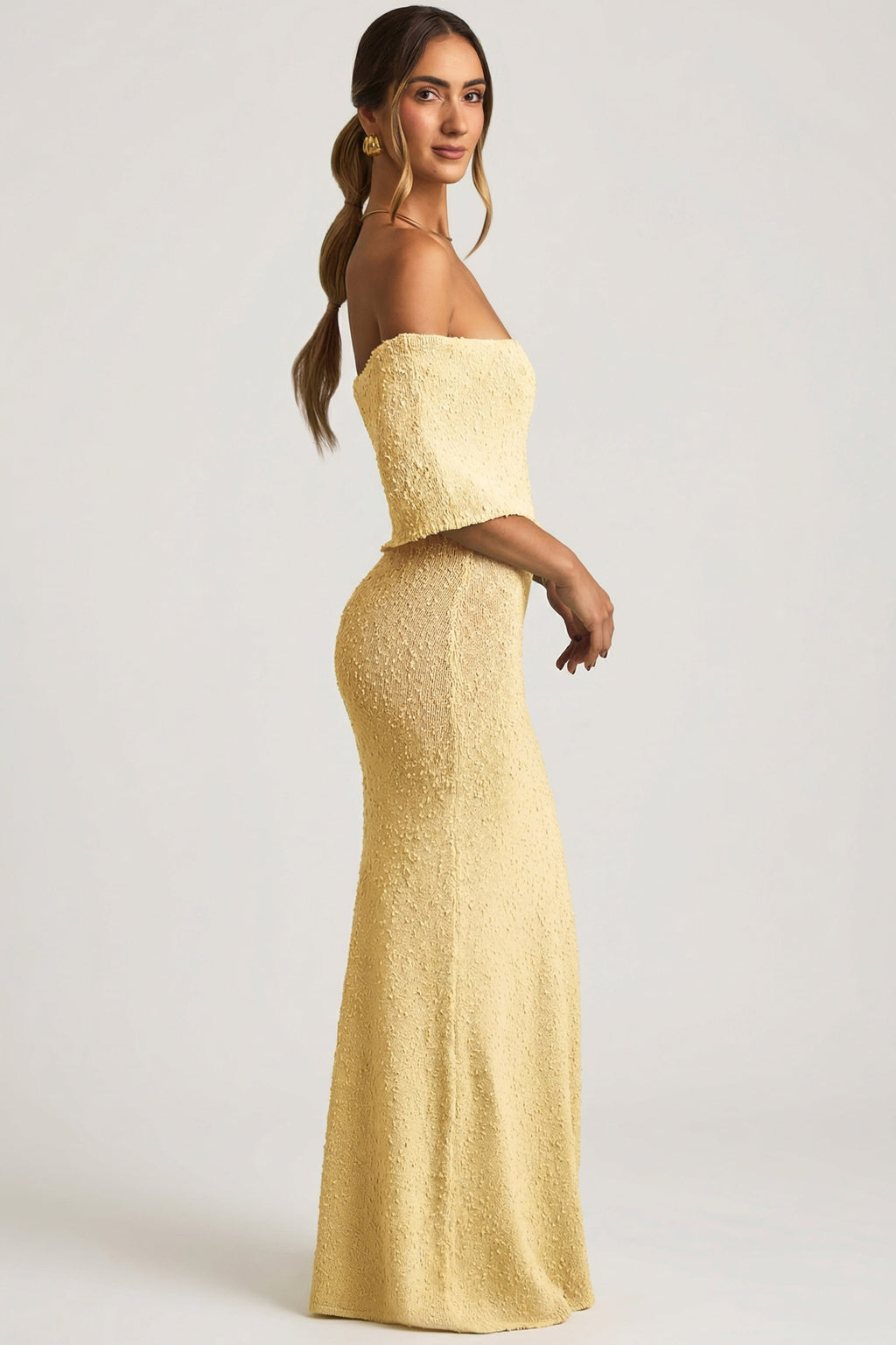 Bouclé Off-Shoulder Maxi Dress in Yellow