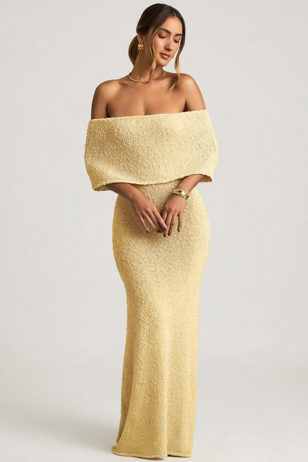 Bouclé Off-Shoulder Maxi Dress in Yellow