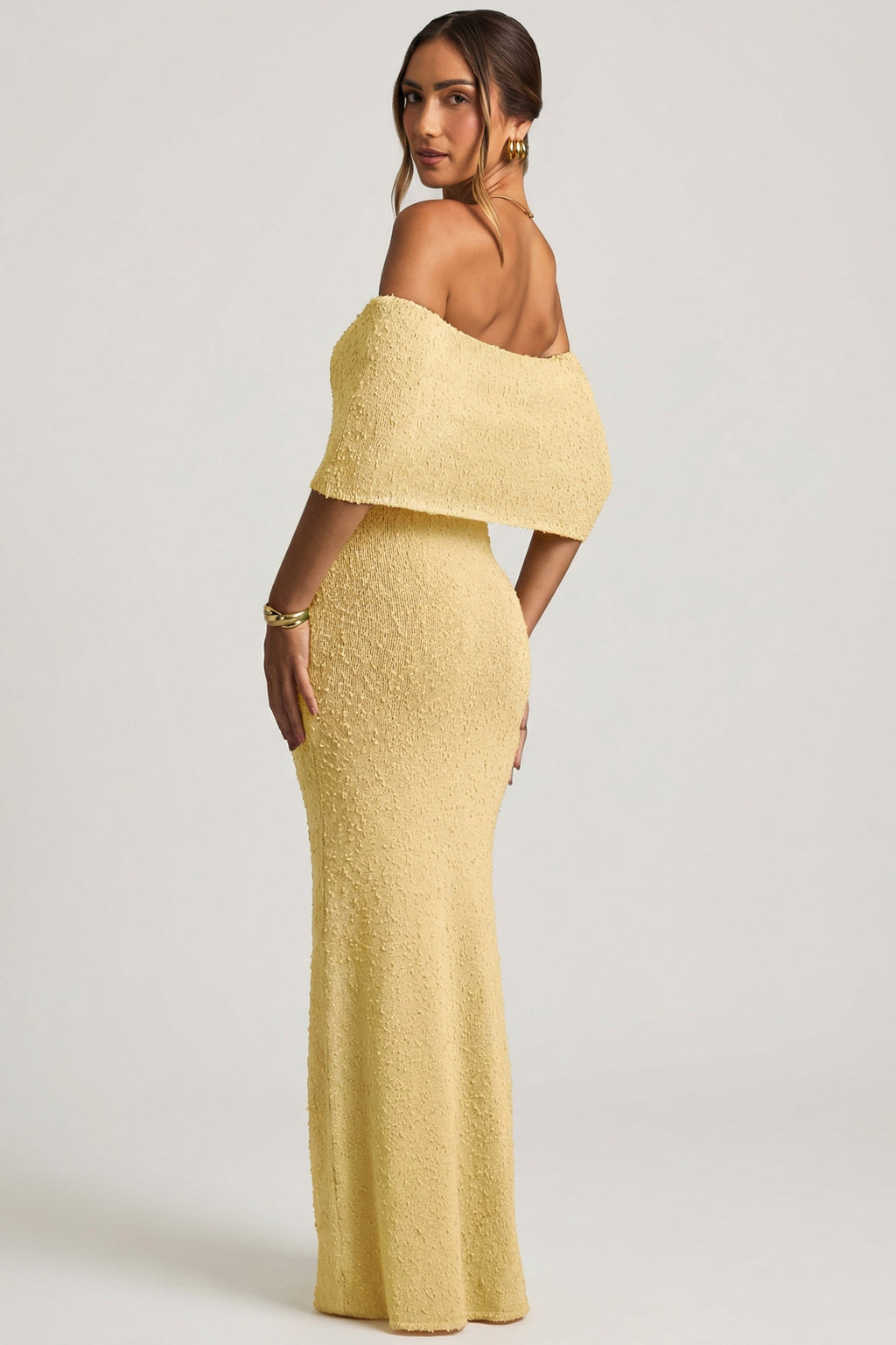 Bouclé Off-Shoulder Maxi Dress in Yellow