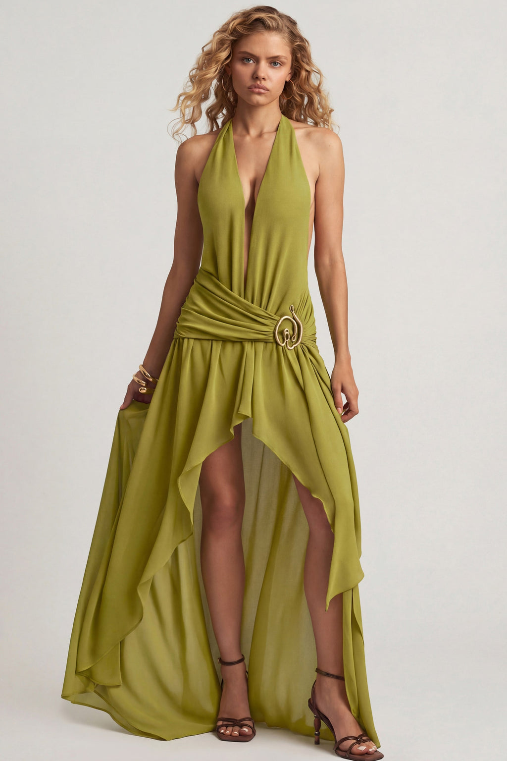 Asymmetric Halterneck Maxi Dress in Olive Green