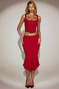 Lace Mid-Rise Fluted Midi Skirt in True Red