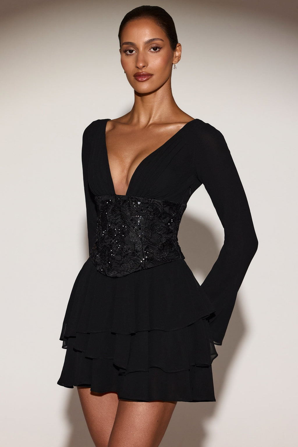 Chiffon Embellished Corset A-line Mini Dress in Black
