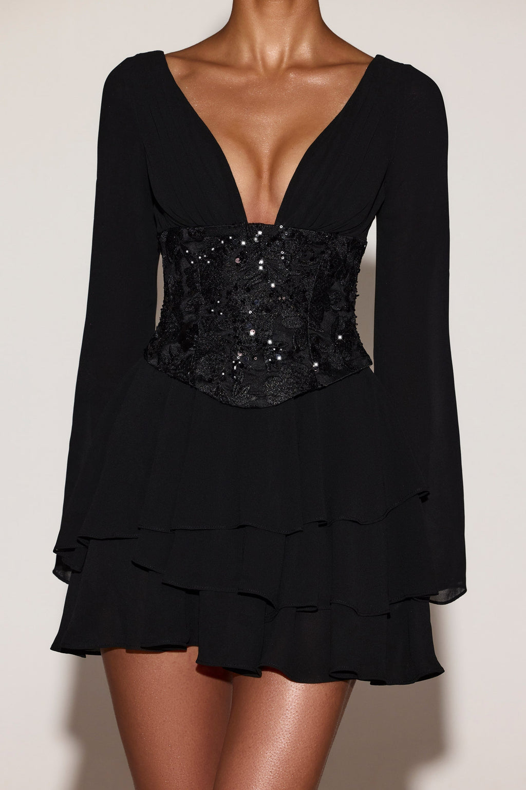 Chiffon Embellished Corset A-line Mini Dress in Black