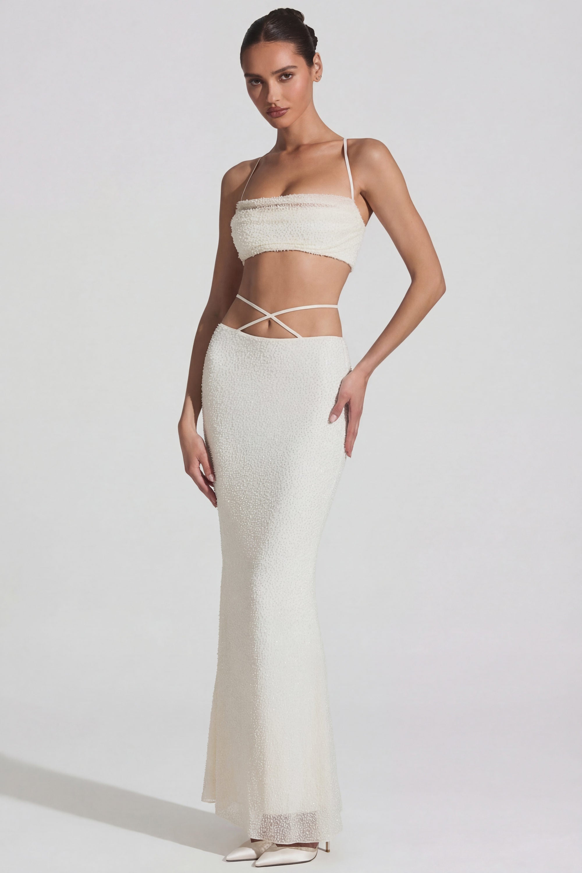 Embellished Cross Back Crop Top in White