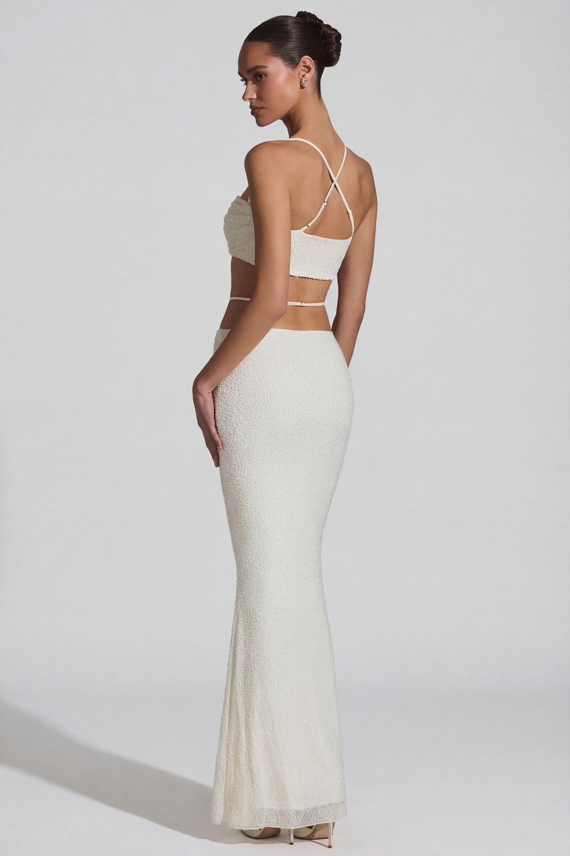 Embellished Cross Back Crop Top in White