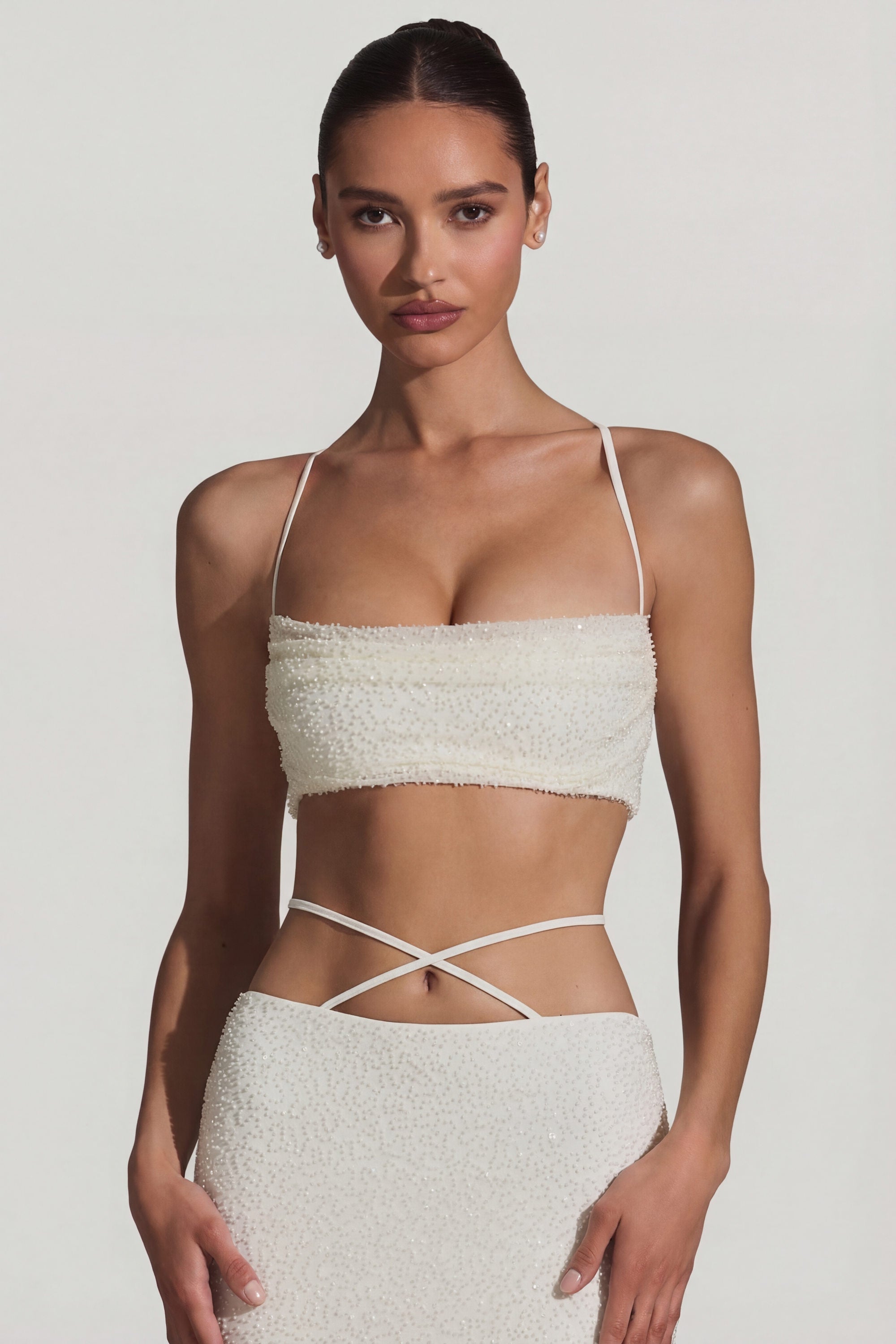 Embellished Cross Back Crop Top in White