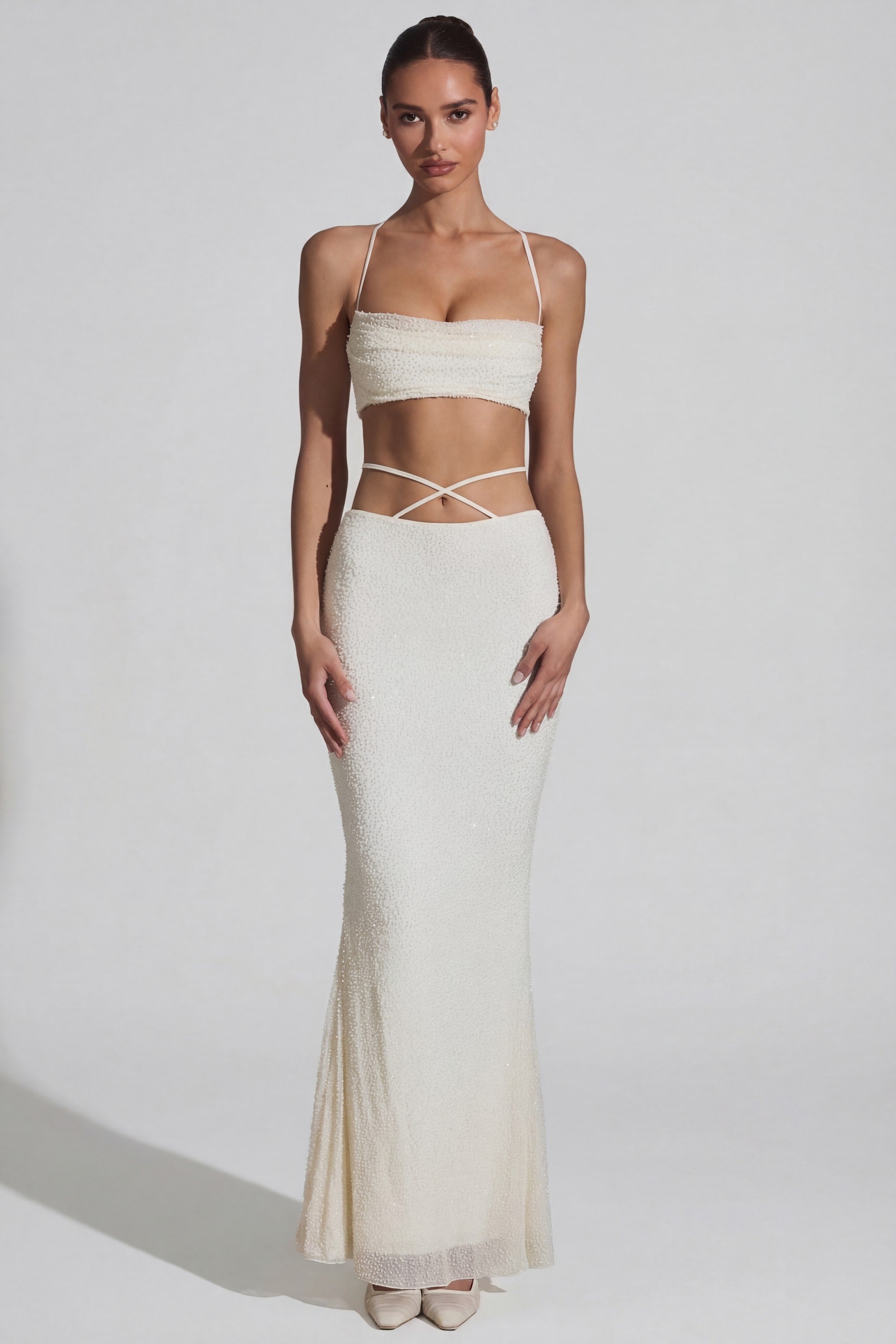 Embellished Cross Back Crop Top in White