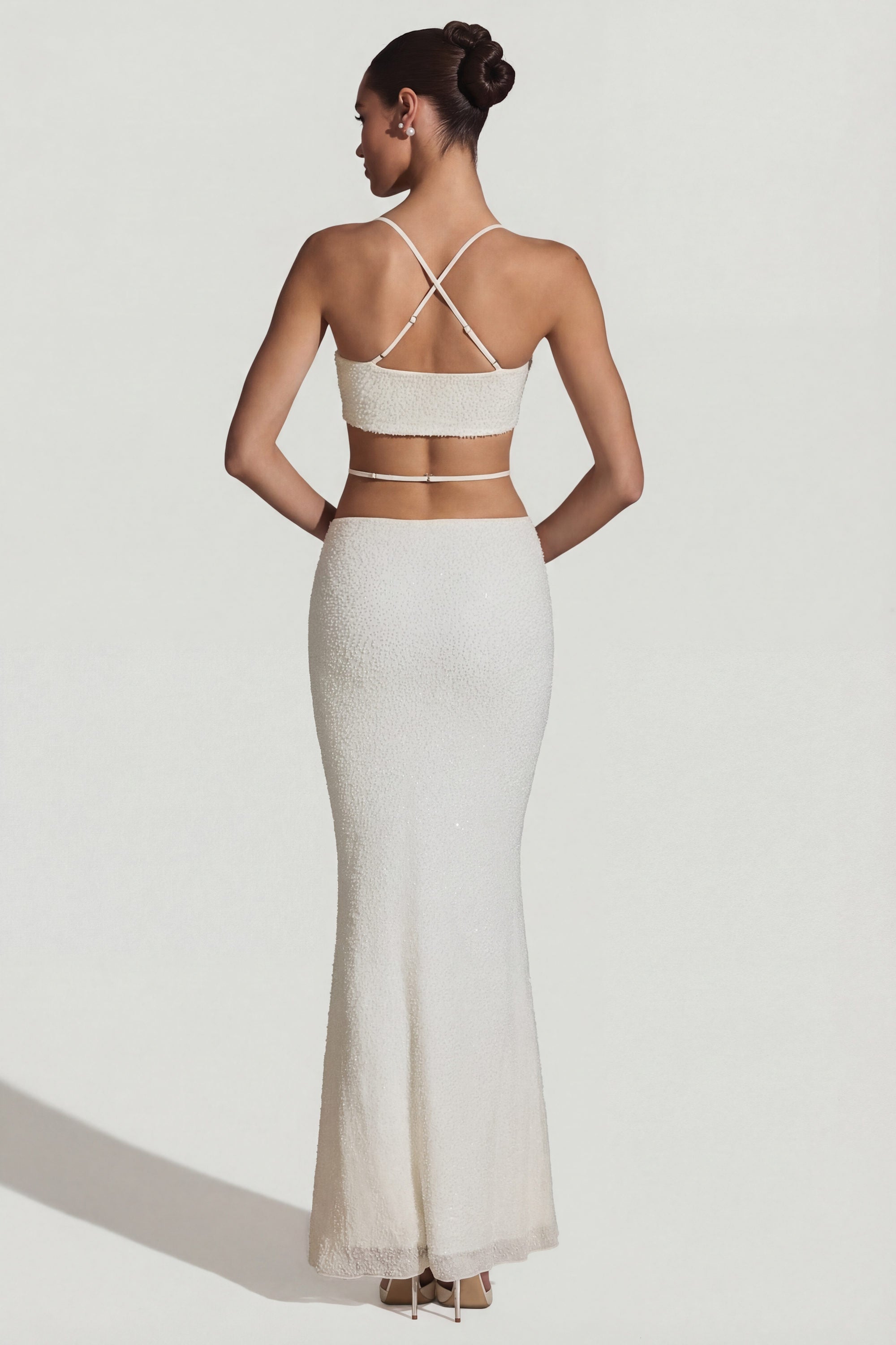 Embellished Cross Back Crop Top in White