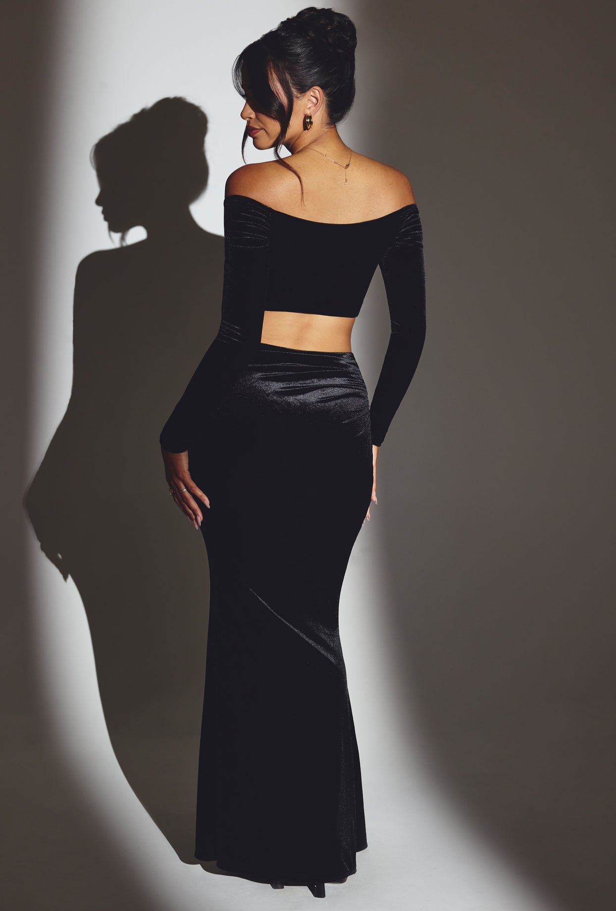 Velvet Off-Shoulder Ruched Crop Top in Jet Black