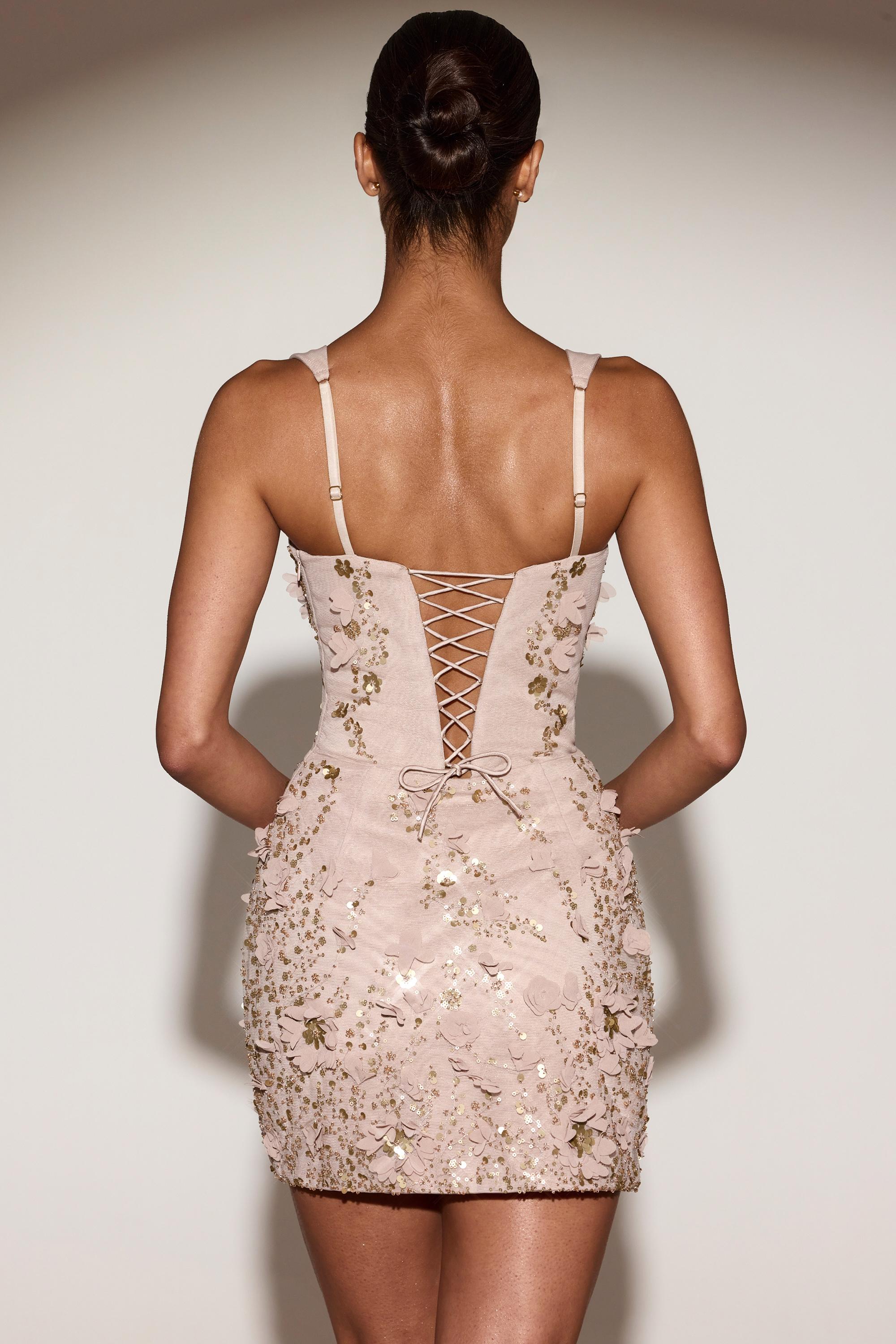 Embellished Appliqué Corset Mini Dress in Pale Gold