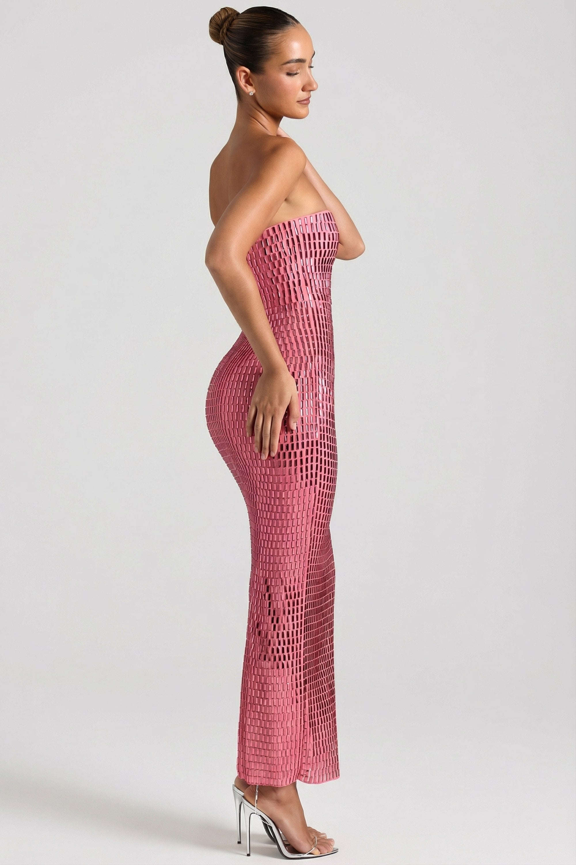 Embellished Strapless Bandeau Maxi Dress in Watermelon