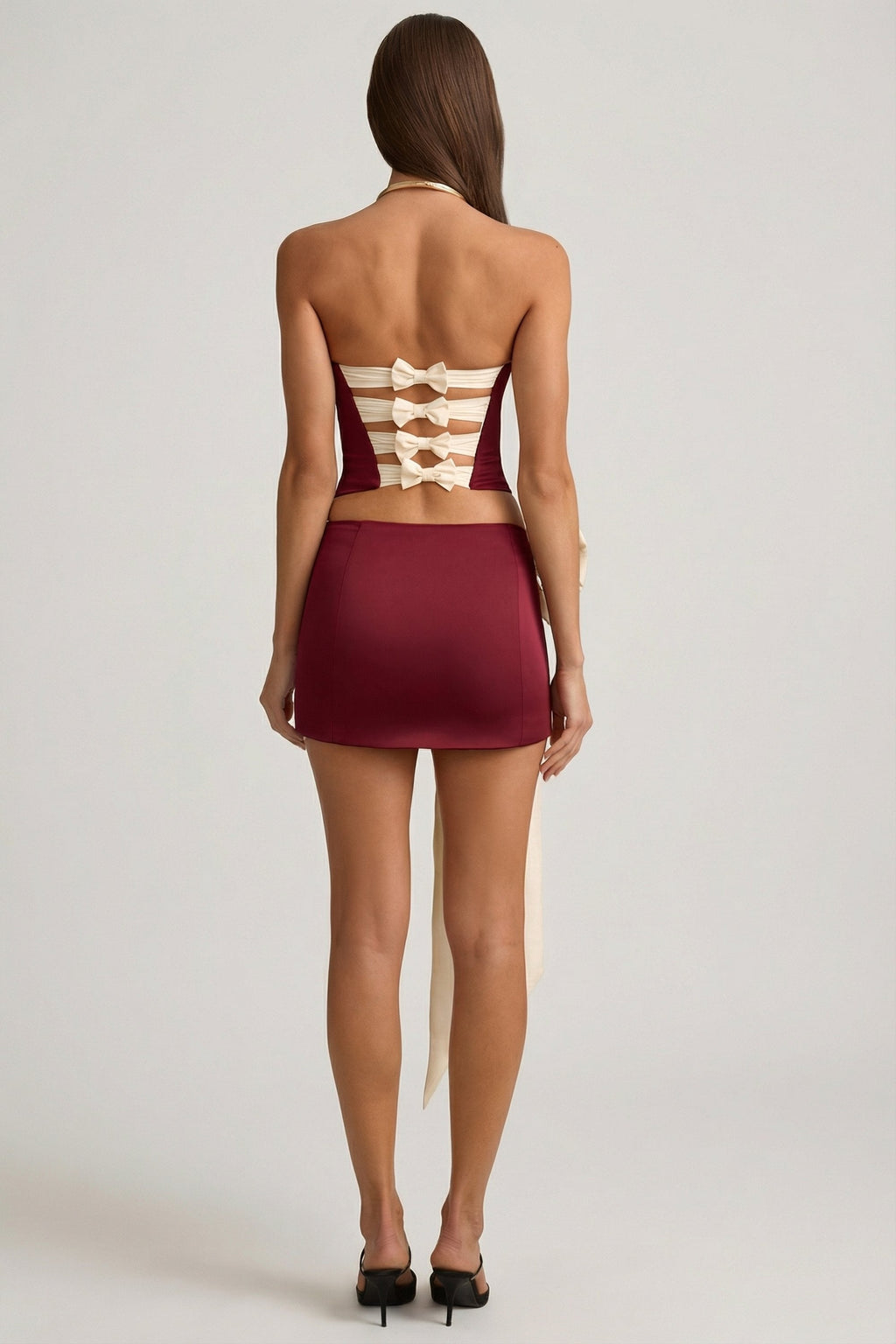 Satin Bow-Detail Low-Rise Mini Skirt in Wine Red