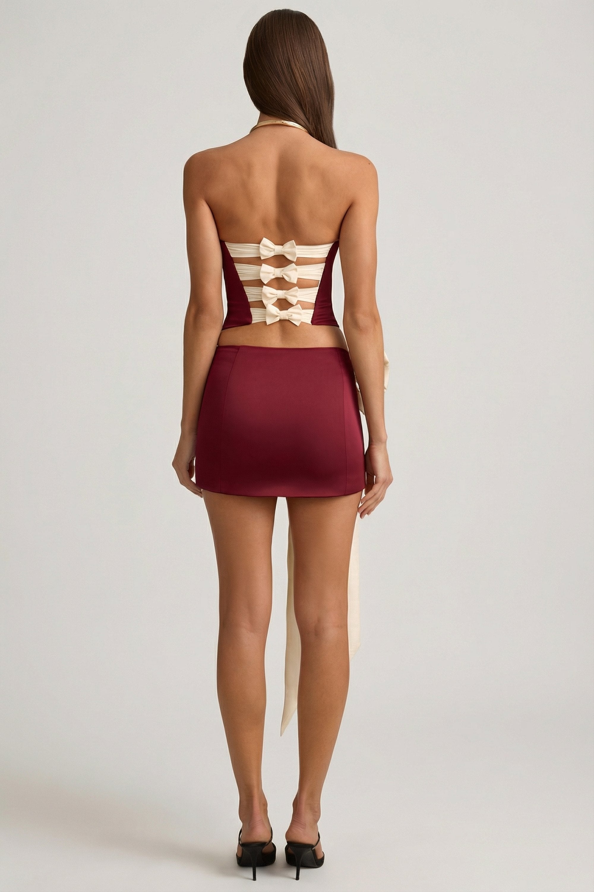 Satin Bow-Detail Low-Rise Mini Skirt in Wine Red