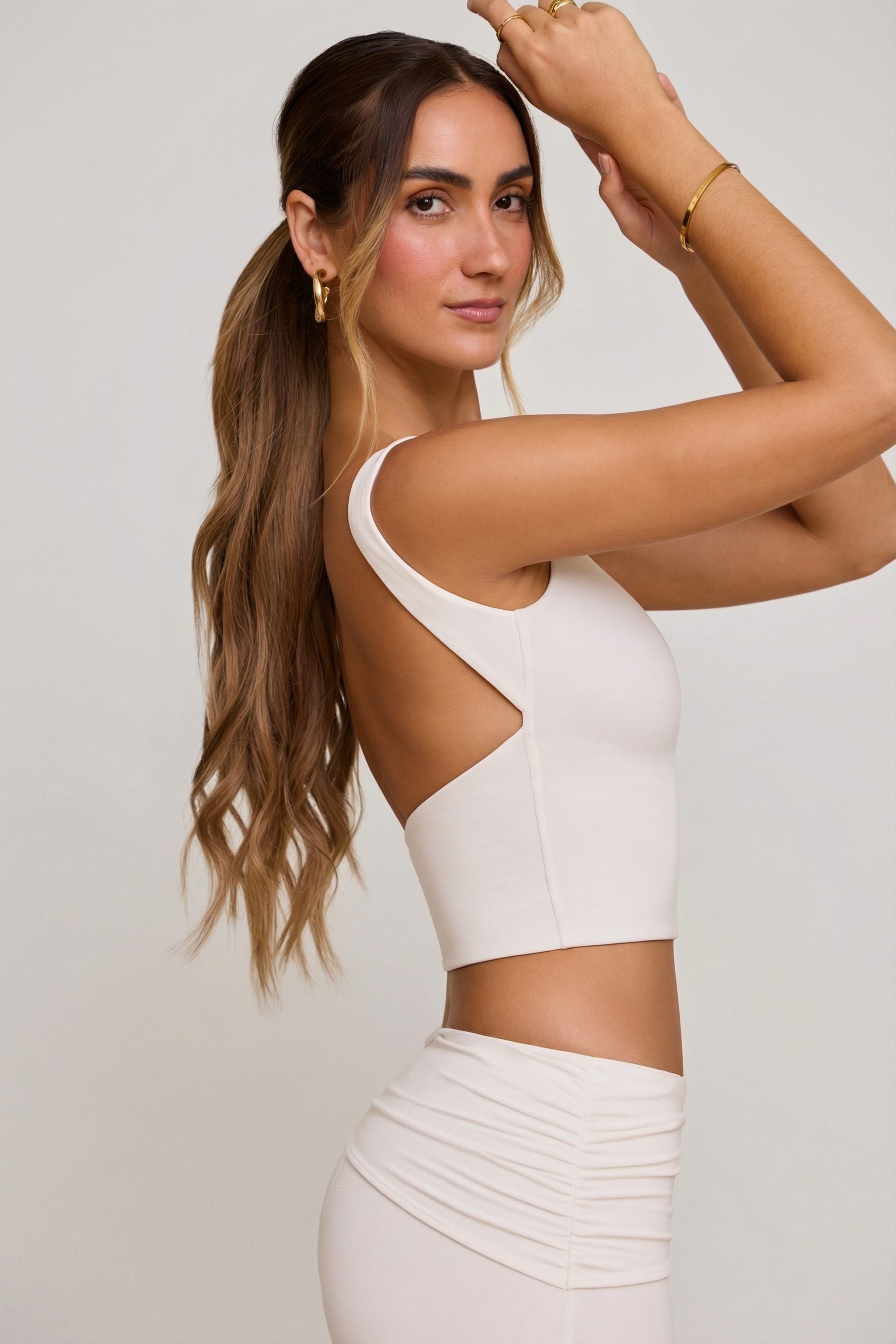 High Neck Open Back Crop Top in White