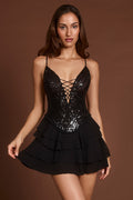 Embellished Lace-Up Ruffle Mini Dress in Black Zebra